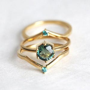 Sapphire Ring Set, Blue Diamond Ring, 14k Gold Engagement Ring, 18k Wedding Ring Set, Bridal Set, Green Sapphire Ring, Three Ring Set