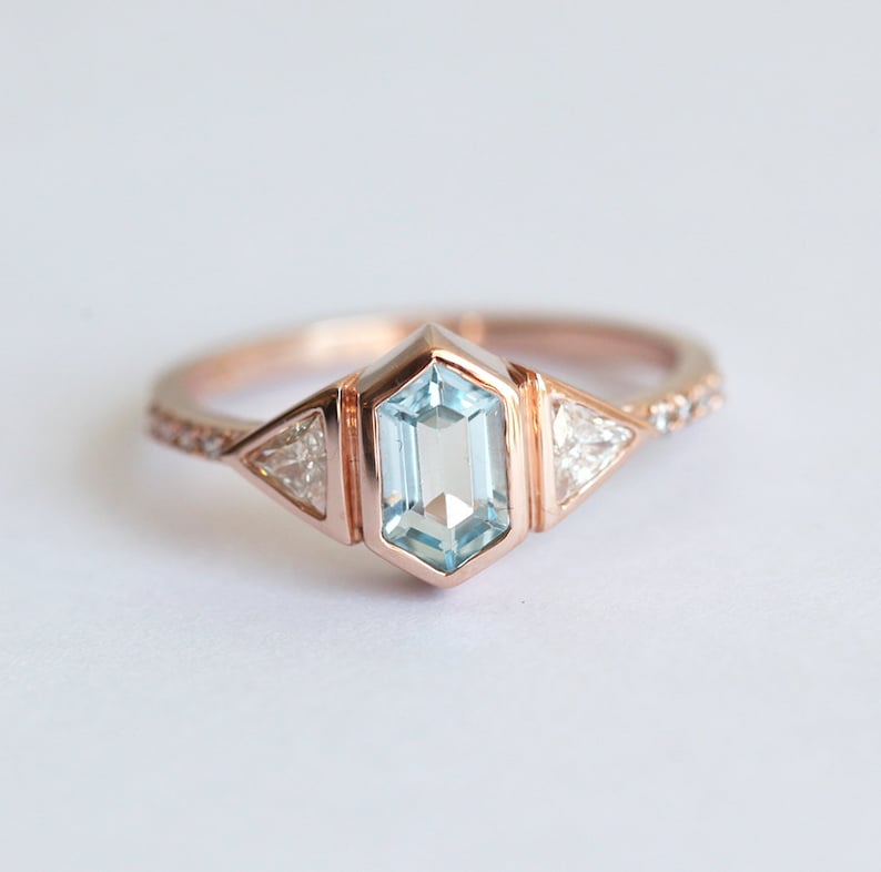 Aquamarine & Diamond Engagement Ring Rose Gold Ring Hexagon - Etsy