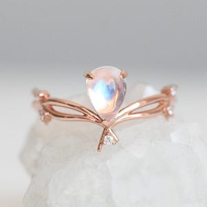 Pear Moonstone and Diamond Ring, Moonstone Engagement Ring, Twig Ring in 14k or 18k Solid Gold