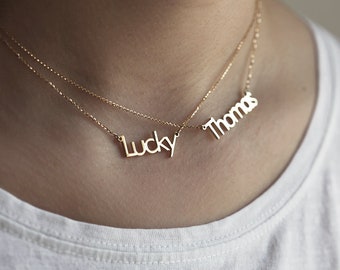 14k Gold Name Necklace Personalized Necklace, Bridesmaids Necklace, Memorial Gift, Solid Gold Name Jewelry, Custom Word and Font