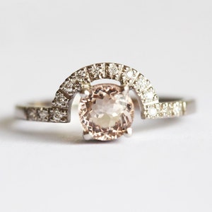 Round Morganite and Diamond Halo Ring in 14k or 18k Solid Gold with a Half Eternity Band, Engagement or Anniversary Gift image 4