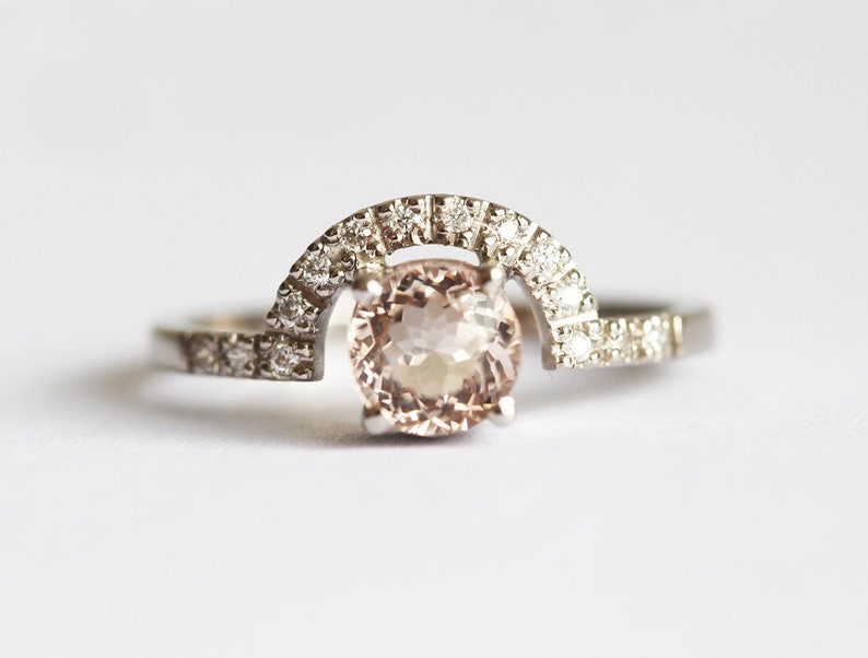 Round Morganite and Diamond Halo Ring in 14k or 18k Solid Gold with a Half Eternity Band, Engagement or Anniversary Gift image 4