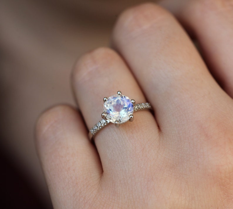 Moonstone engagement ring, Rainbow moonstone & diamond ring, Round solitaire, Pave wedding ring image 7