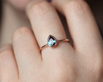 Alexandrite ring, Pear engagement ring, Bezel solitaire, Lab alexandrite ring, Rose gold ring