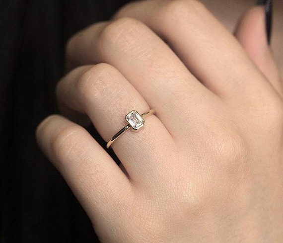 14K Yellow Gold 5.08 ct Emerald Cut Bezel Solitaire Lab Grown Diamond Ring