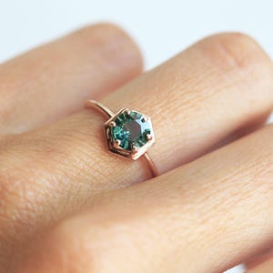Teal Sapphire Ring, Sapphire Engagement Ring, Teal Blue Sapphire Ring, Rose Gold Sapphire Ring, Hexagong Ring, Simple Engagement Ring image 6