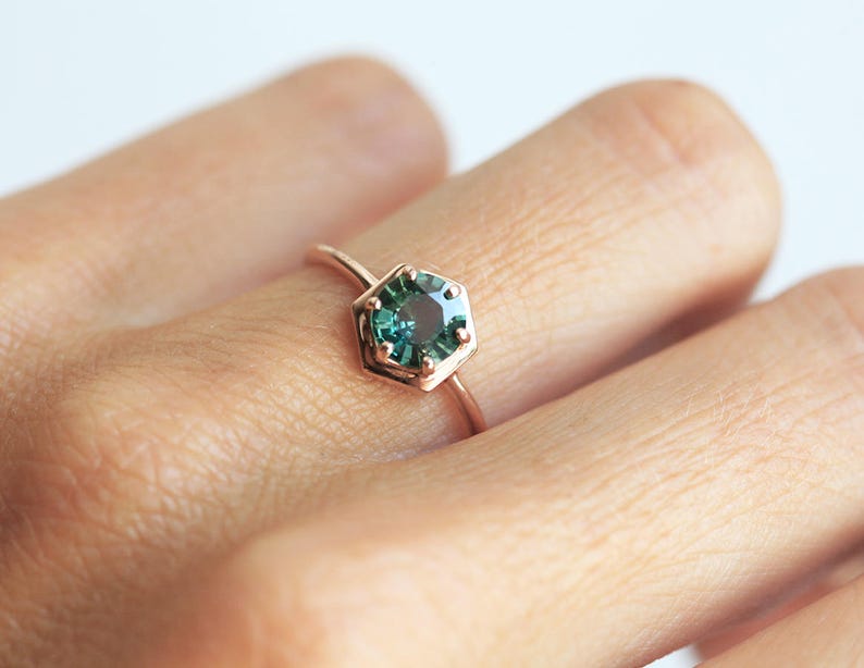 Teal Sapphire Ring, Sapphire Engagement Ring, Teal Blue Sapphire Ring, Rose Gold Sapphire Ring, Hexagong Ring, Simple Engagement Ring image 6