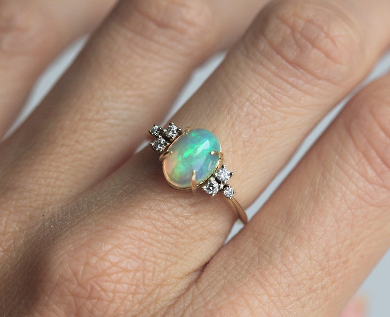 Oval Opal Ring, Opal Ring With Diamonds, Opal Diamond Ring, Diamond Engagement Ring with Opal, Mixed Metals Engagement Ring image 2