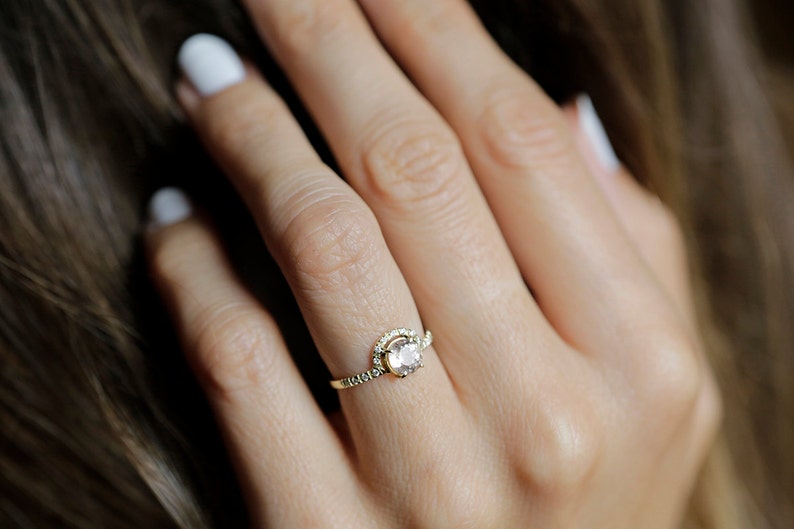 Round Morganite and Diamond Halo Ring in 14k or 18k Solid Gold with a Half Eternity Band, Engagement or Anniversary Gift image 1