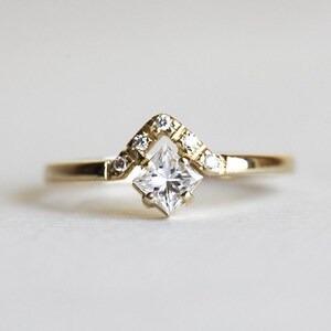 Princess Cut Engagement Ring with Pave Diamond Crown, Modern Minimalist Engagement Ring with Square Diamond image 7