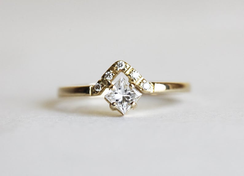 Princess Cut Engagement Ring with Pave Diamond Crown, Modern Minimalist Engagement Ring with Square Diamond image 7