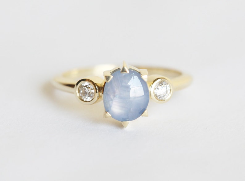 Sapphire Enagement Ring, Star Sapphire, Thee Stone Ring, Three Stone Diamond Ring, Diamond Sapphire Ring, Yellow Gold Engagement Ring image 3