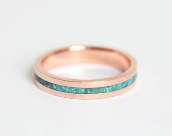 Turquoise wedding band, Rose gold inlay ring, Mens engagement ring, Simple 4mm wide band, Unisex band ring
