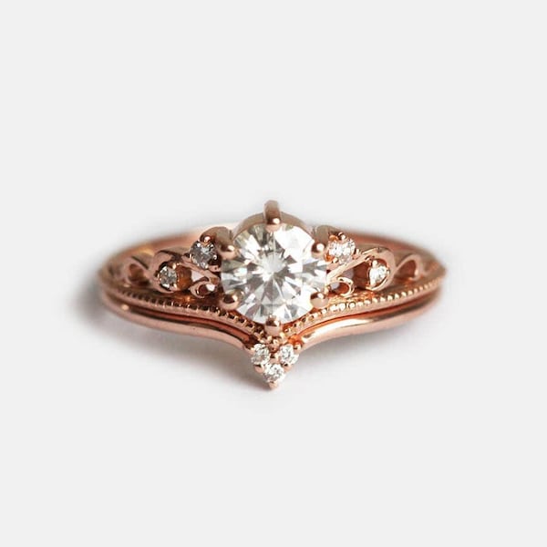Moissanit Diamant Ring Set: Zierlicher filigraner Vintage Verlobungsring