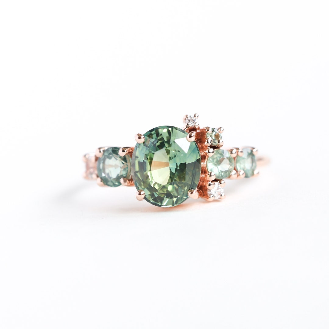 Light Green Sapphire Engagement Ring, Cluster Ring, Oval Sapphire Engagement Ring, Pastel