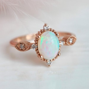 Australian Opal Engagement Ring, Rose Gold Opal Ring, Opal Diamond Ring, Vintage inspired Opal Ring, 14k 18k rose white yellow gold