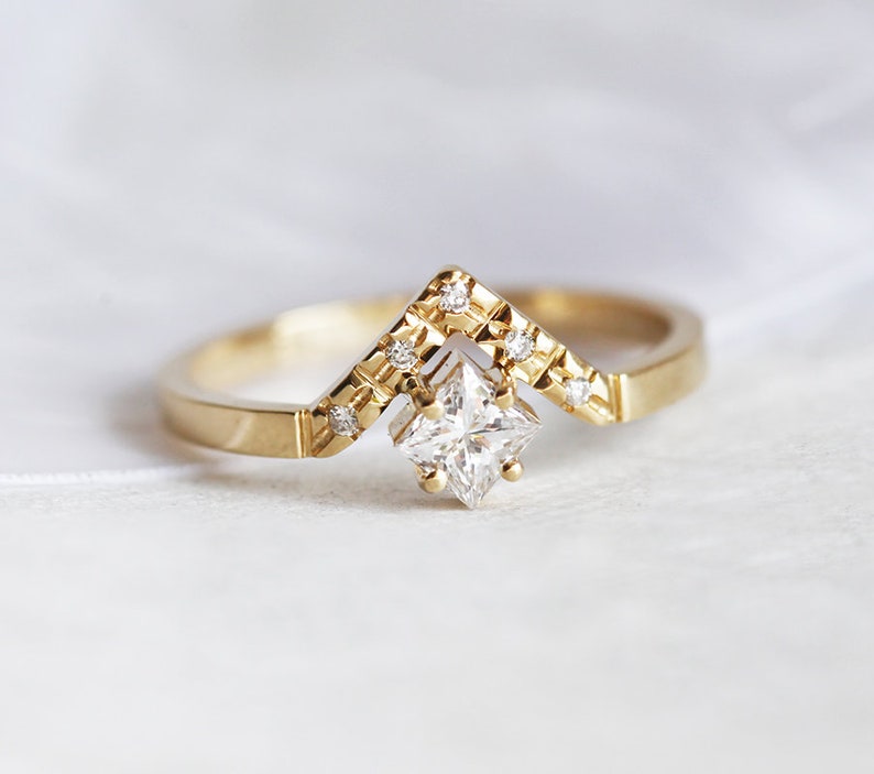 Princess Cut Engagement Ring with Pave Diamond Crown, Modern Minimalist Engagement Ring with Square Diamond image 2
