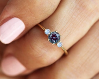 Alexandrite Engagement ring, Moonstone Engagement Ring, Alexandrite Moonstone Three Stone Ring