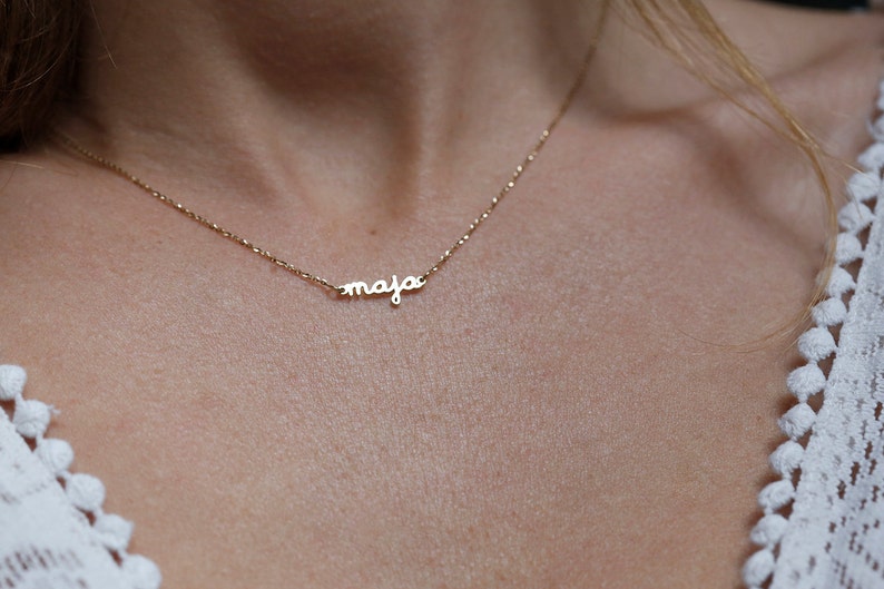 14k gold name necklace, Extra tiny necklace, 18k initial necklace, Solid gold nameplate necklace 