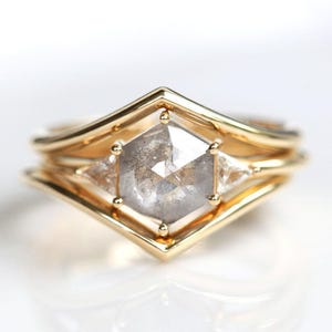Grey Hexagon Diamond Ring Set with Side Triangle Diamonds, Hexagon Diamond Engagement Ring Set, 14k 18k Gold Wedding ring Set