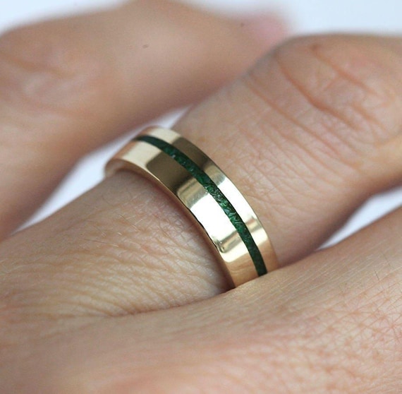 Mens Wedding Band, Emerald Inlay Ring, Green Unisex Ring, Gold Man