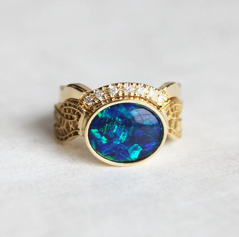 Black Opal Ring Set, Black Opal Engagement Ring, Opal Wedding Ring Set for Her, Lace Ring image 1