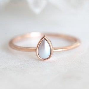 Pearl engagement ring, Rose gold pearl solitaire, Delicate pear cut ring, Dainty bezel wedding ring