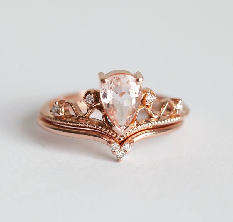 Morganite Ring, Vintage Morganite Ring, Tiara Ring, Pear Morganite Ring, Rose Gold Engagement Ring Set, Engagement Set, Wedding Ring Set image 4