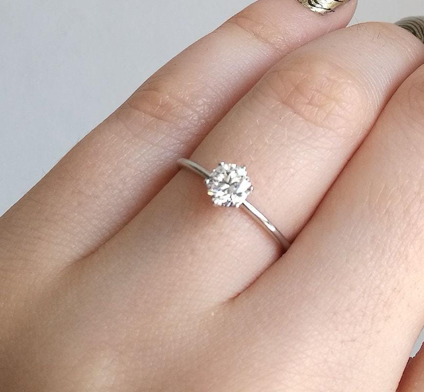 White Gold Diamond Engagement Ring With Half Carat Diamond Solitaire Diamond Band With Prong Set Round Diamond in Rose White Yellow Gold Etsy Canada
