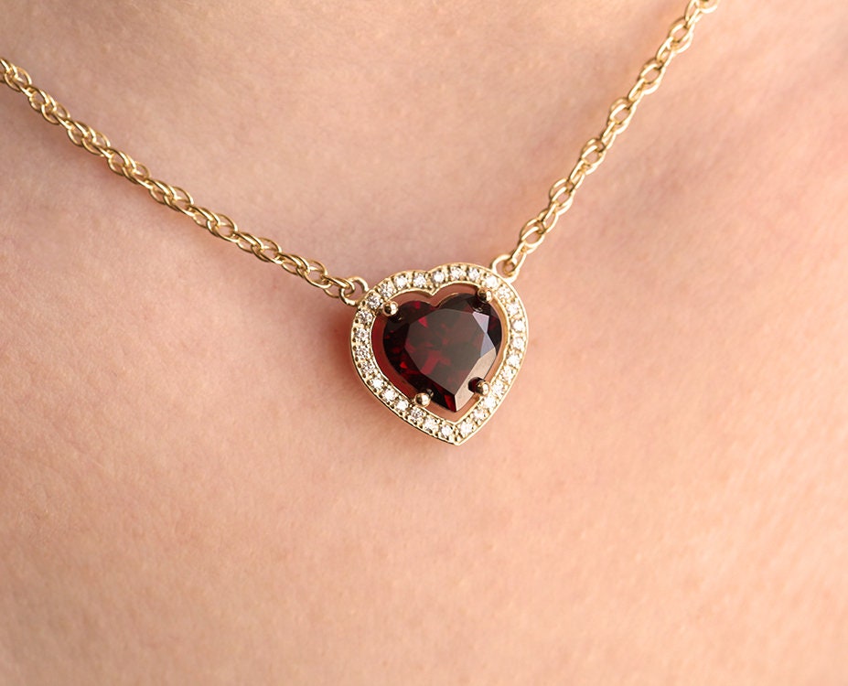 Garnet \u0026 Diamond Necklace Solid Gold 