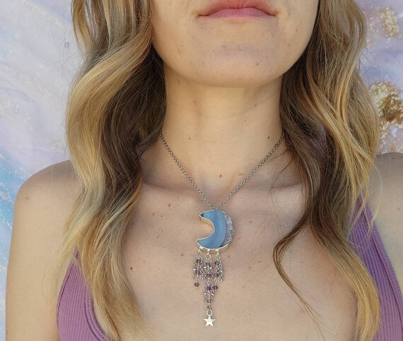Amethyst Moon Slice Necklace: Shooting Star, Amethyst Stalactite 