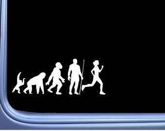 May include: A white vinyl decal of a silhouette of a human evolution progression, starting with a small ape-like figure and ending with a female runner. The decal is on a black background.