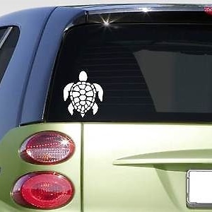 May include: White vinyl decal of a sea turtle silhouette on a green car. The turtle is facing forward with its head and legs visible.