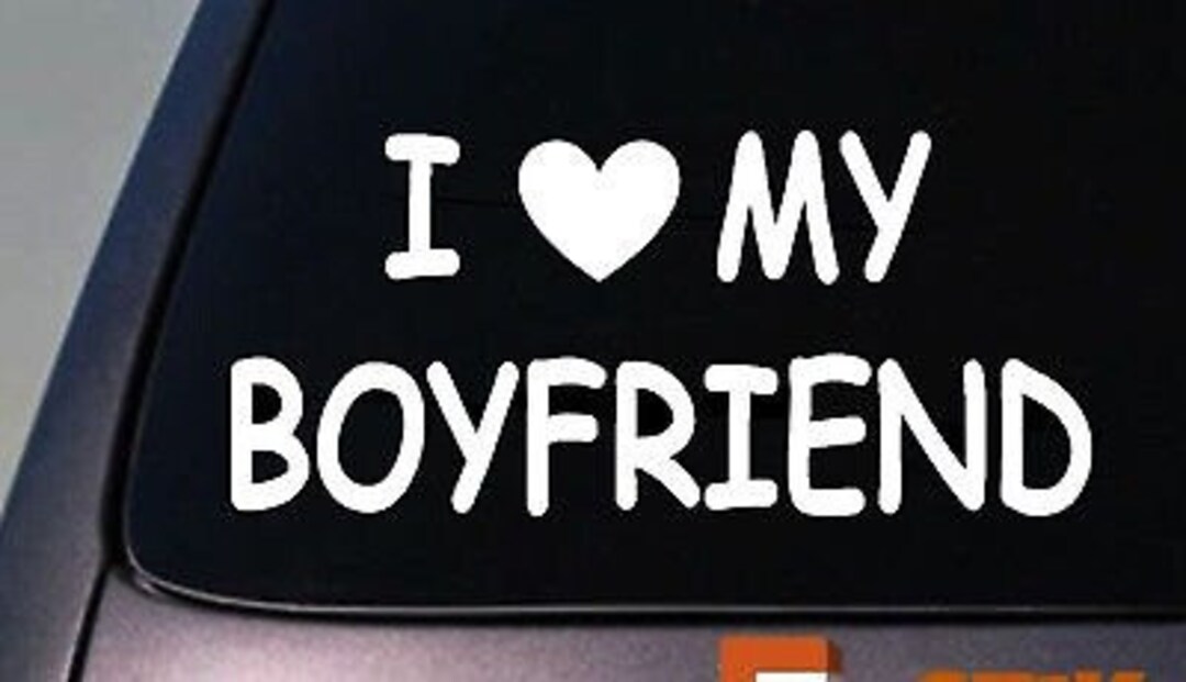 I Love My Boyfriend Car Window Decal - White Vinyl Sticker With Red Heart 8x3 Inches