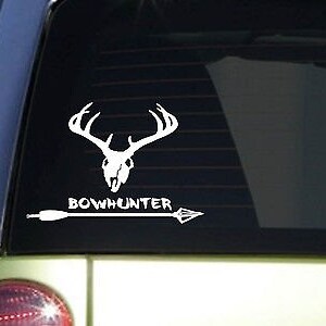 May include: White vinyl decal of a deer skull with antlers and an arrow with the text "BOWHUNTER" on a black background.