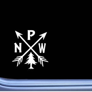May include: White vinyl decal with a stylized tree and arrows pointing in the directions of North, West, and a 'P' in the center. The text reads 'PNW'.