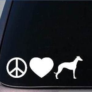 May include: Peace sign, heart, and a white silhouette of a Greyhound dog on a black background.