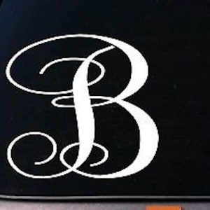 May include: White vinyl decal of a stylized letter B with a decorative flourish. The letter is in a script font and is perfect for adding a personalized touch to a car window, laptop, or other smooth surface.