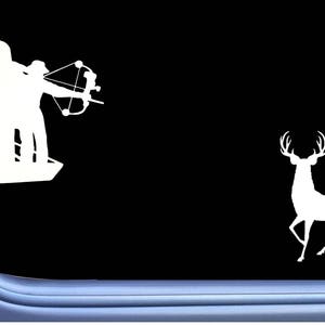 May include: White silhouette of a person holding a bow and arrow, aiming at a white silhouette of a deer with antlers. The silhouettes are on a black background.