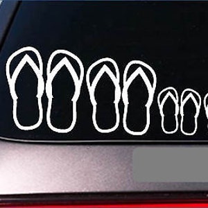 May include: White vinyl decal of flip flops in various sizes, representing a family. The decal is applied to the rear window of a car.