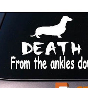 May include: White vinyl car sticker with a silhouette of a dachshund and the text "DEATH From the ankles down".