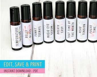 2x2 Square 10ml Bottle Labels EDITABLE - 12 Essential oil labels for roller bottles