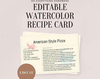 Editable front and back Recipe Cards, 4x6 card, instant PDF, watercolor splash