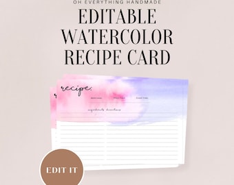 Watercolor Recipe Cards, two 4x6 cards, FILL IN, instant PDF