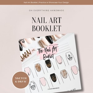 May include: A pink and white booklet with the title "The Nail Art Booklet" and a drawing of several nails with different designs. The booklet is for practicing or showcasing nail art designs.