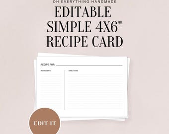 Editable Simple Recipe Cards, 4x6 card, instant PDF