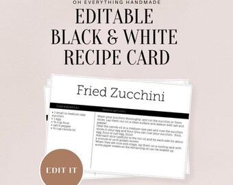 Minimalistic Editable Recipe Card | 6x4 Black and White PDF | Customizable, Printable