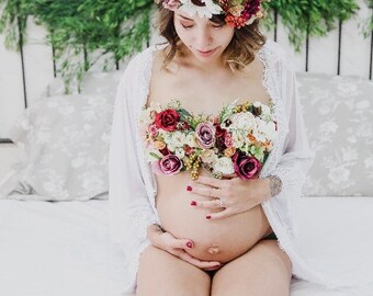Floral Maternity Bra, Bottoms, Crown - Pregnancy Photos, Maternity Photo Prop, Maternity Clothes, Maternity Bralette, Floral Bra, Floral