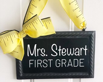 Teachers Personalized Classroom Name Signs -  Yellow Ruler Hanging Door Signs Chalkboard or Painted - New Teacher Gift - Teacher