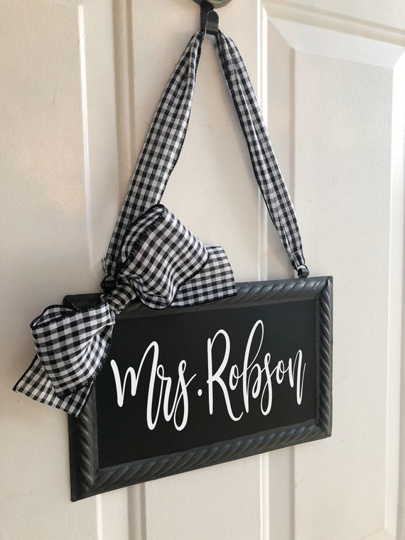 Teacher Sign Chalkboard Personalize Hanging Door Signs Gingham Bow Ribbon Blackboard Back To School